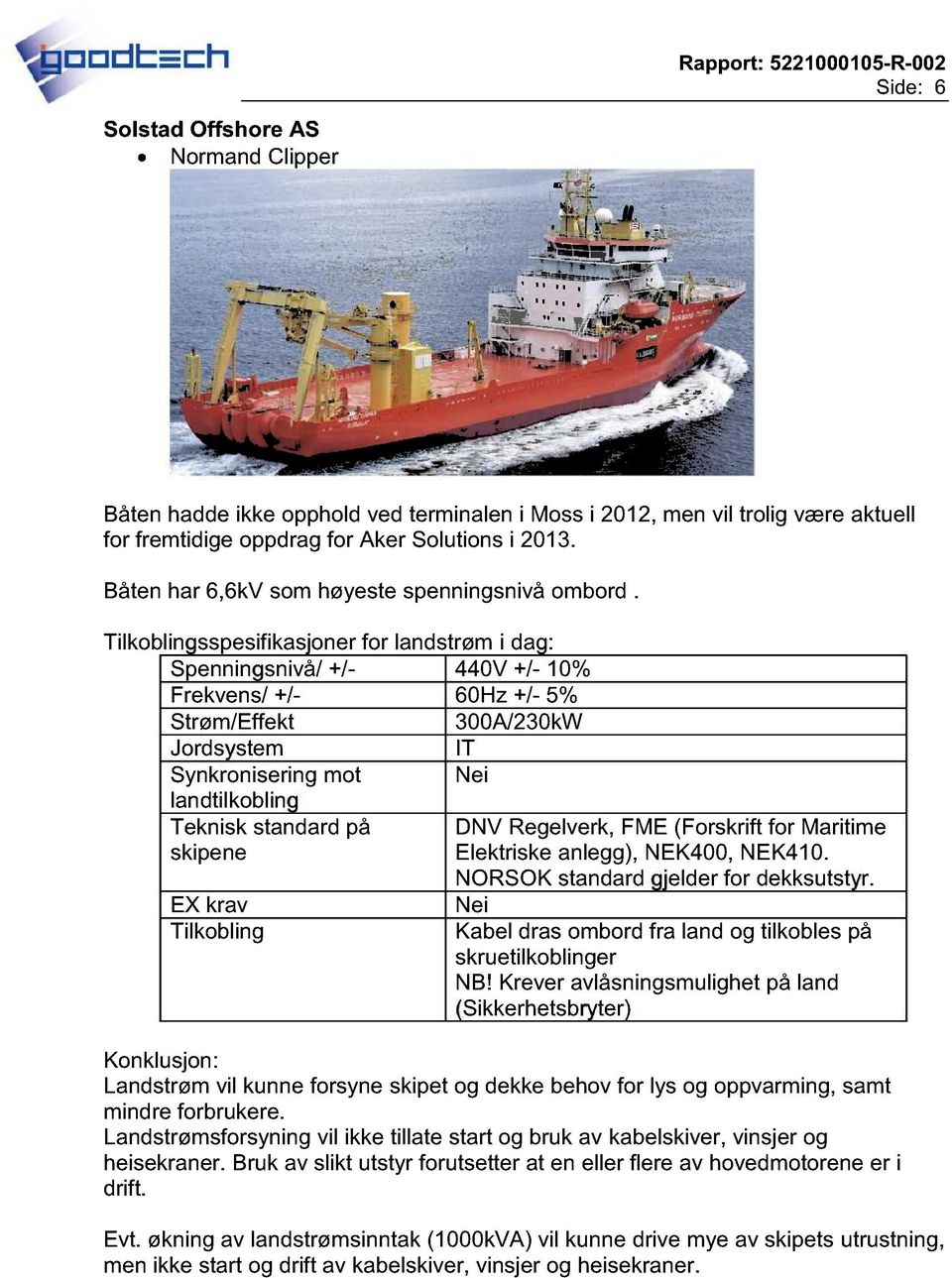 Spenningsnivå/ +/- 440V +/- 10% Frekvens/ +/- 60Hz +/- 5% Strøm/Effekt 300A/230kW Synkronisering mot Teknisk standard på DNV Regelverk, FME (Forskrift for Maritime Elektriske