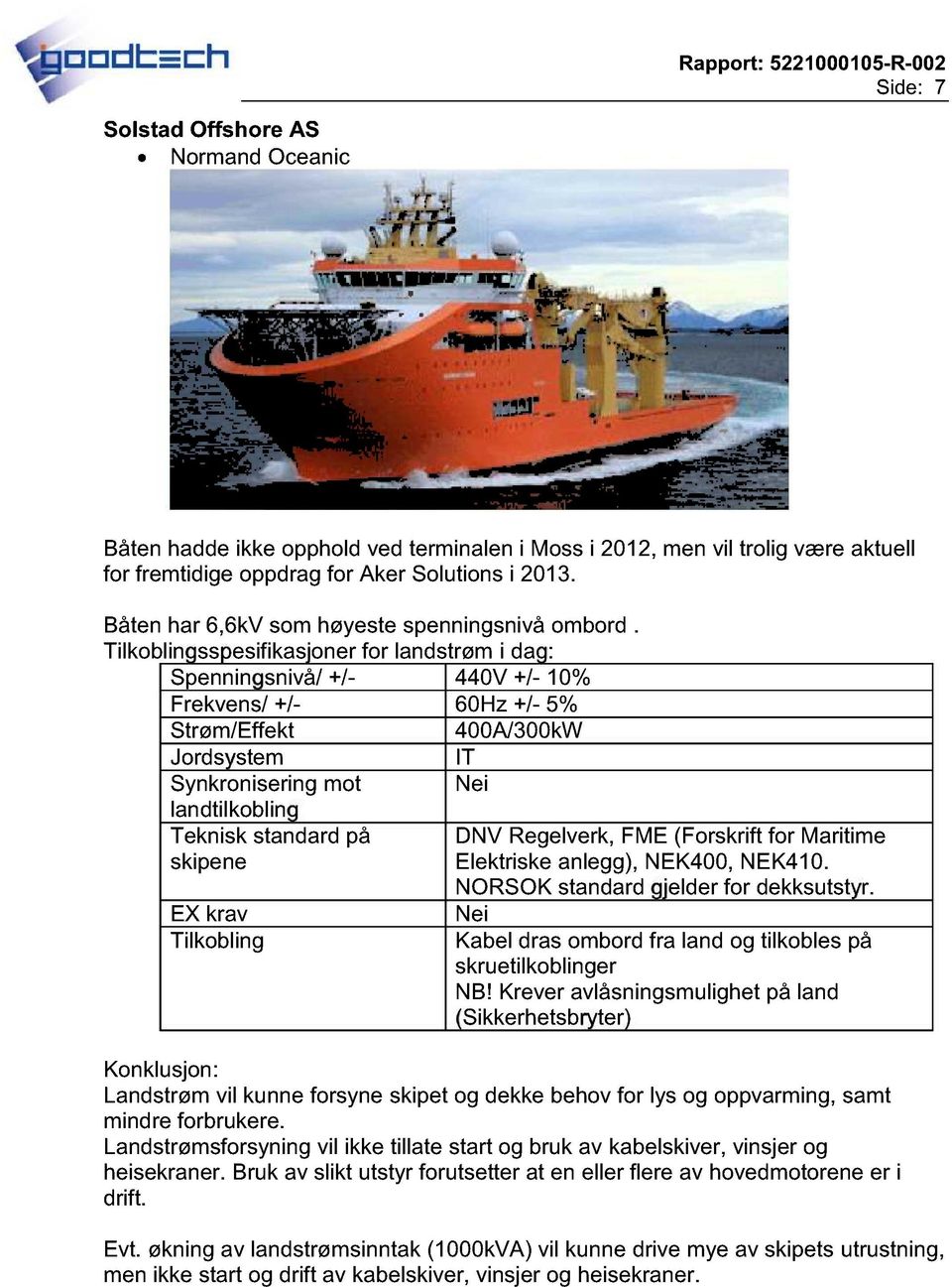 Spenningsnivå/ +/- 440V +/- 10% Frekvens/ +/- 60Hz +/- 5% Strøm/Effekt 400A/300kW Synkronisering mot Teknisk standard på DNV Regelverk, FME (Forskrift for Maritime Elektriske