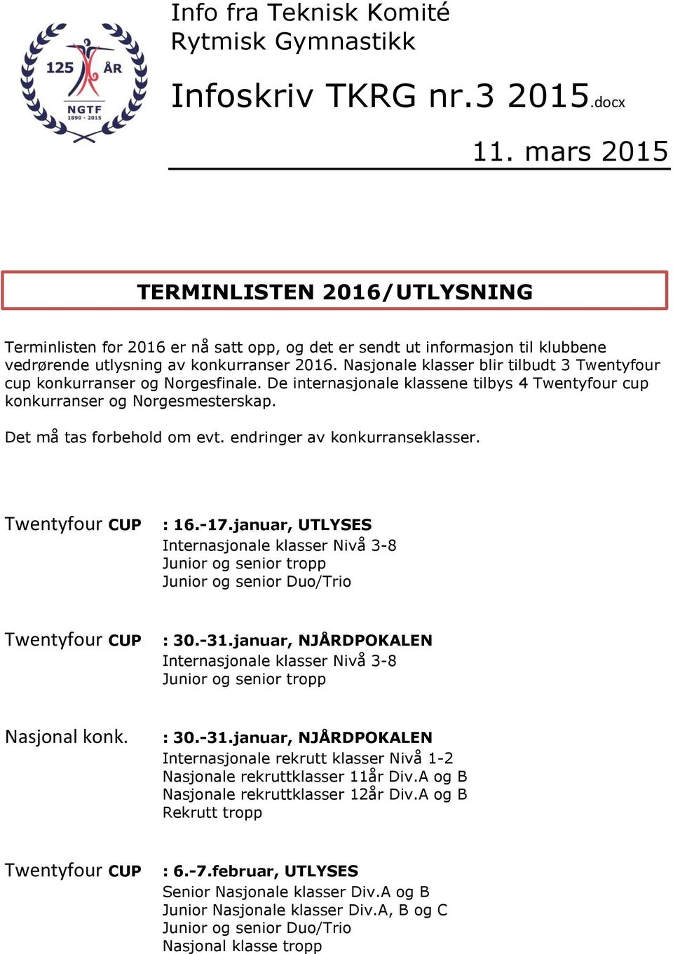 De internasjonale klassene tilbys 4 Twentyfour cup konkurranser og Norgesmesterskap. Det må tas forbehold om evt.