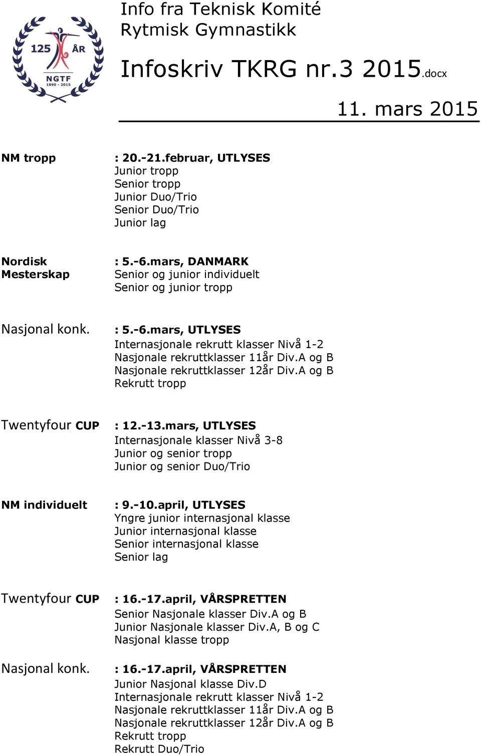 mars, DANMARK Senior og junior individuelt Senior og junior tropp : 5.-6.mars, UTLYSES : 12.-13.