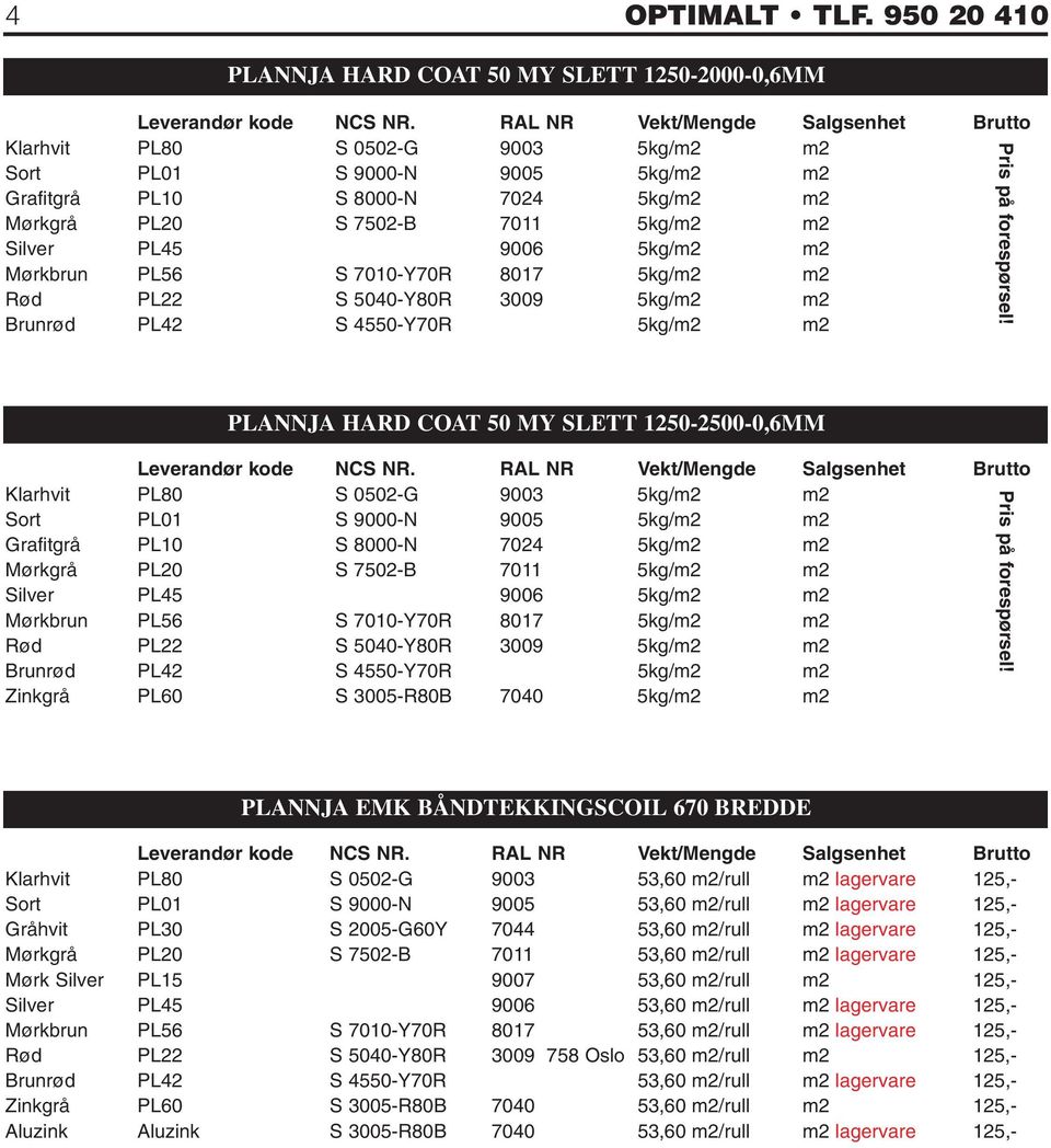 5kg/m2 m2 Silver PL45 9006 5kg/m2 m2 Mørkbrun PL56 S 7010-Y70R 8017 5kg/m2 m2 Rød PL22 S 5040-Y80R 3009 5kg/m2 m2 Brunrød PL42 S 4550-Y70R 5kg/m2 m2 PLANNJA HARD COAT 50 MY SLETT 1250-2500-0,6MM