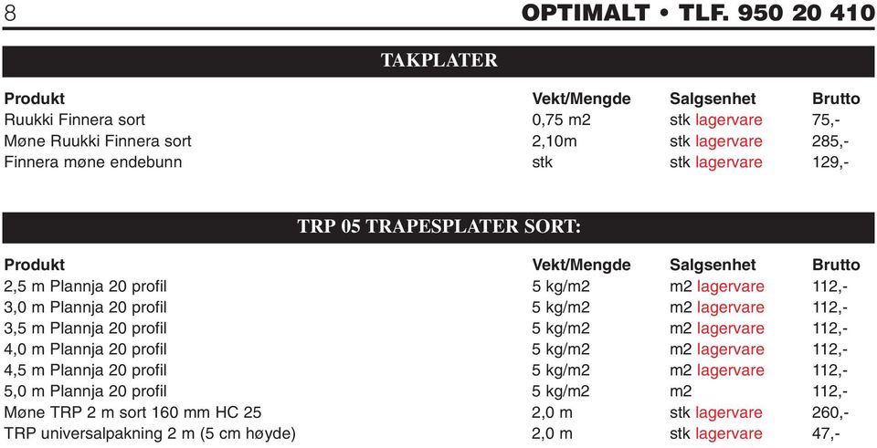 lagervare 129,- TRP 05 TRAPESPLATER SORT: 2,5 m Plannja 20 profil 5 kg/m2 m2 lagervare 112,- 3,0 m Plannja 20 profil 5 kg/m2 m2 lagervare 112,- 3,5 m