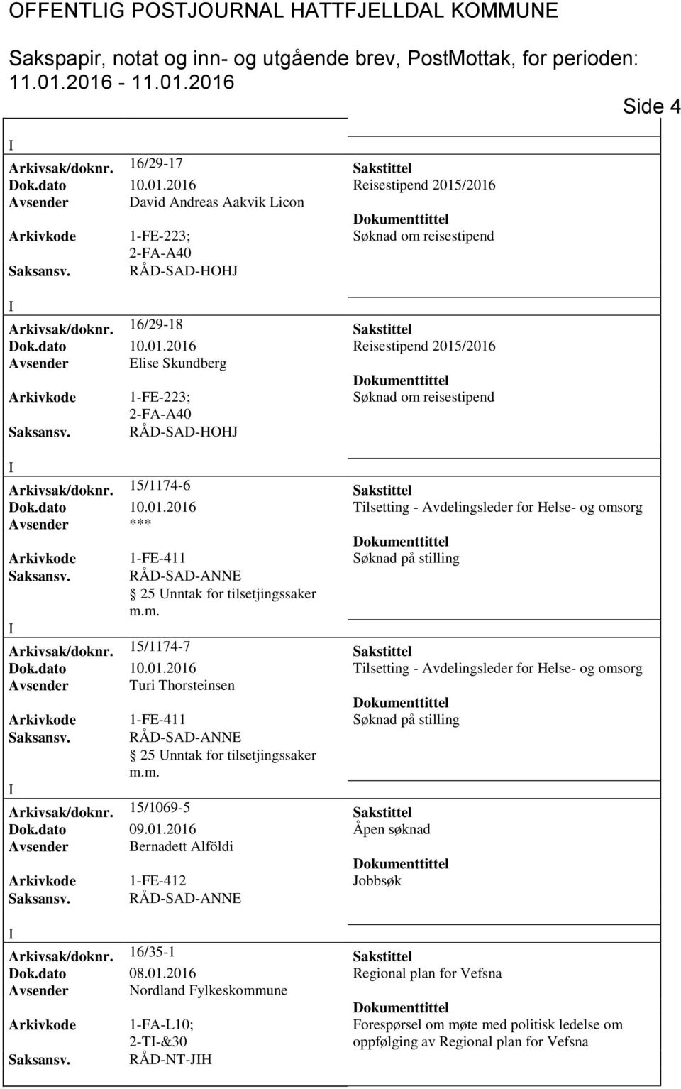 15/1174-7 Sakstittel Dok.dato 10.01.2016 Tilsetting - Avdelingsleder for Helse- og omsorg Avsender Turi Thorsteinsen Arkivkode 1-FE-411 Søknad på stilling 25 nntak for tilsetjingssaker Arkivsak/doknr.