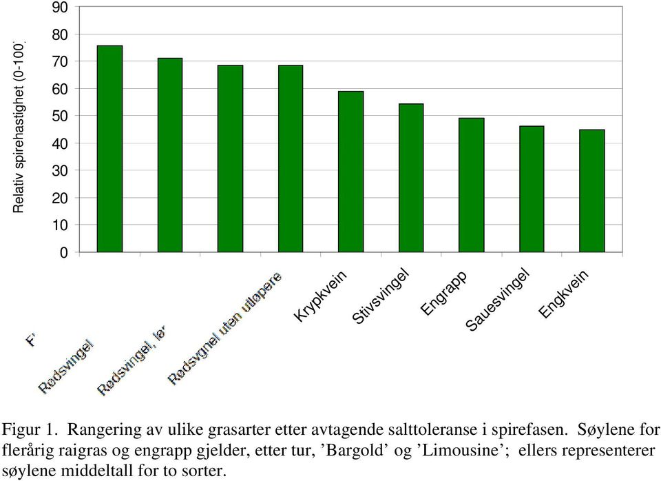 Rangering av ulike grasarter etter avtagende salttoleranse i spirefasen.