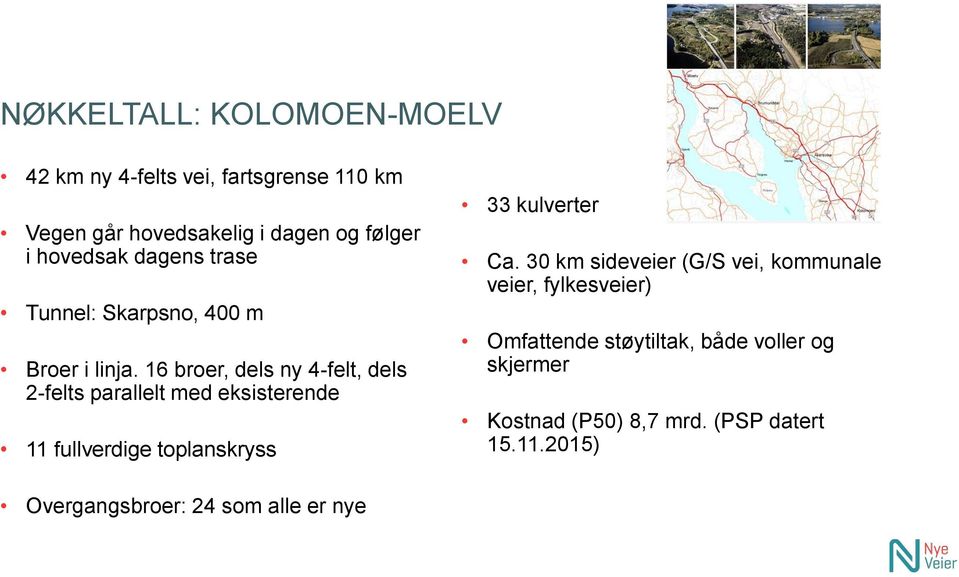 16 broer, dels ny 4-felt, dels 2-felts parallelt med eksisterende 11 fullverdige toplanskryss 33 kulverter Ca.