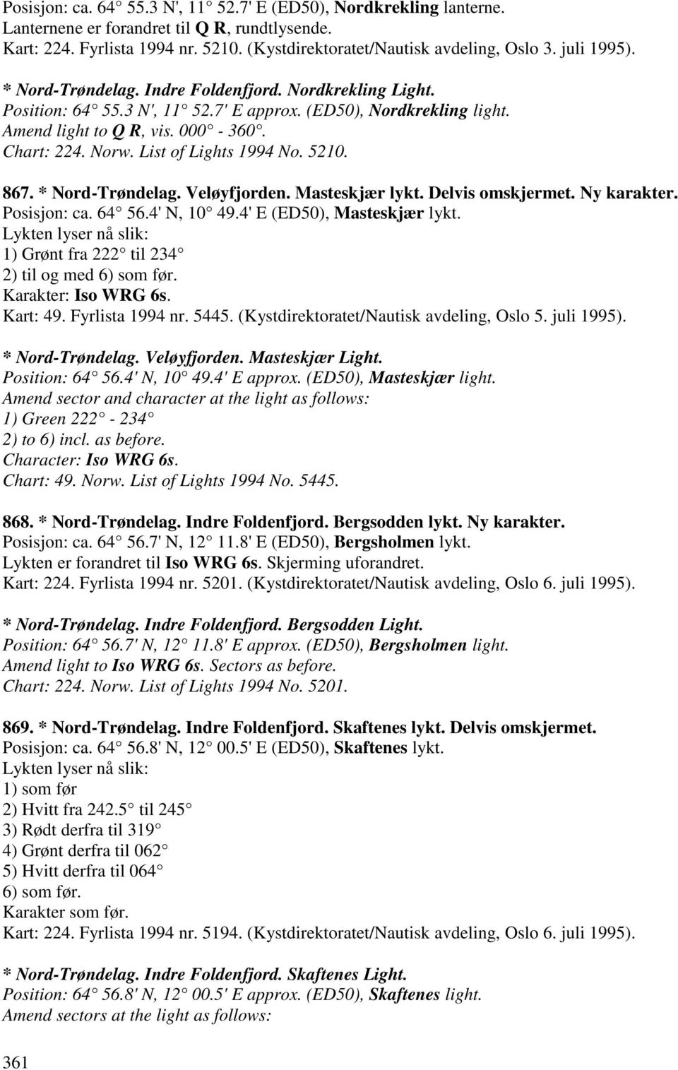 List of Lights 1994 No. 5210. 867. * Nord-Trøndelag. Veløyfjorden. Masteskjær lykt. Delvis omskjermet. Ny karakter. Posisjon: ca. 64 56.4' N, 10 49.4' E (ED50), Masteskjær lykt.