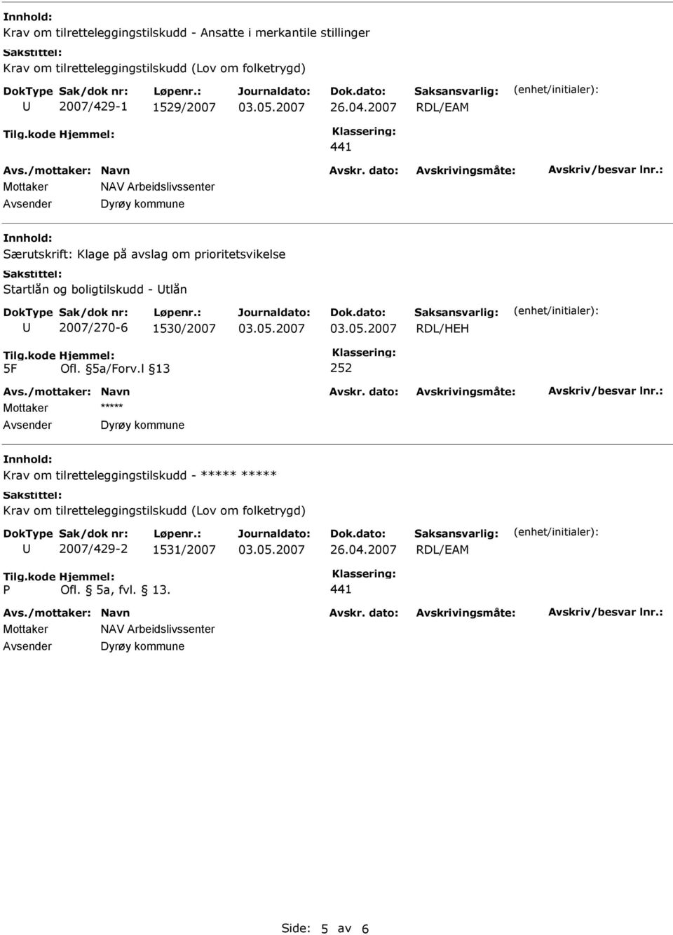 2007 441 Mottaker NAV Arbeidslivssenter Særutskrift: Klage på avslag om prioritetsvikelse Startlån og boligtilskudd - tlån 2007/270-6
