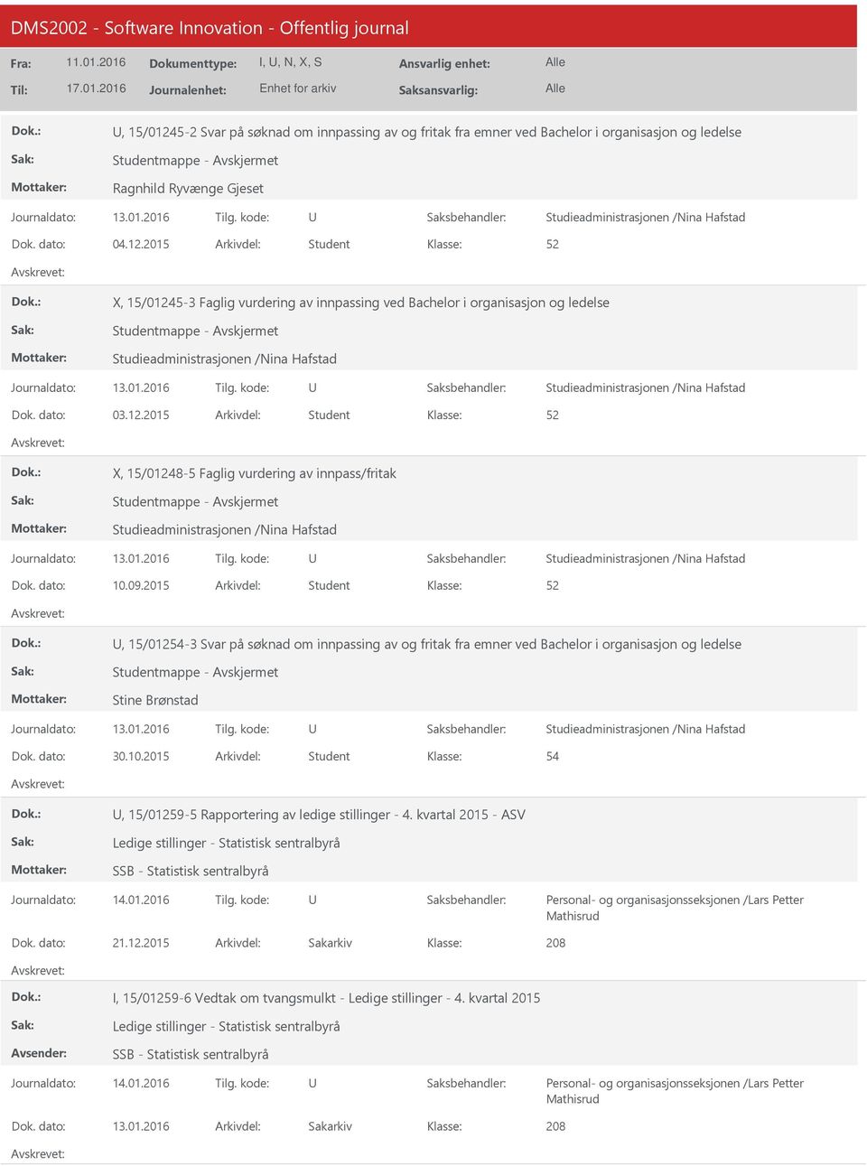 2015 Arkivdel: Student X, 15/01245-3 Faglig vurdering av innpassing ved Bachelor i organisasjon og ledelse Studieadministrasjonen /Nina Hafstad Studieadministrasjonen /Nina Hafstad Dok. dato: 03.12.2015 Arkivdel: Student X, 15/01248-5 Faglig vurdering av innpass/fritak Studieadministrasjonen /Nina Hafstad Studieadministrasjonen /Nina Hafstad Dok.