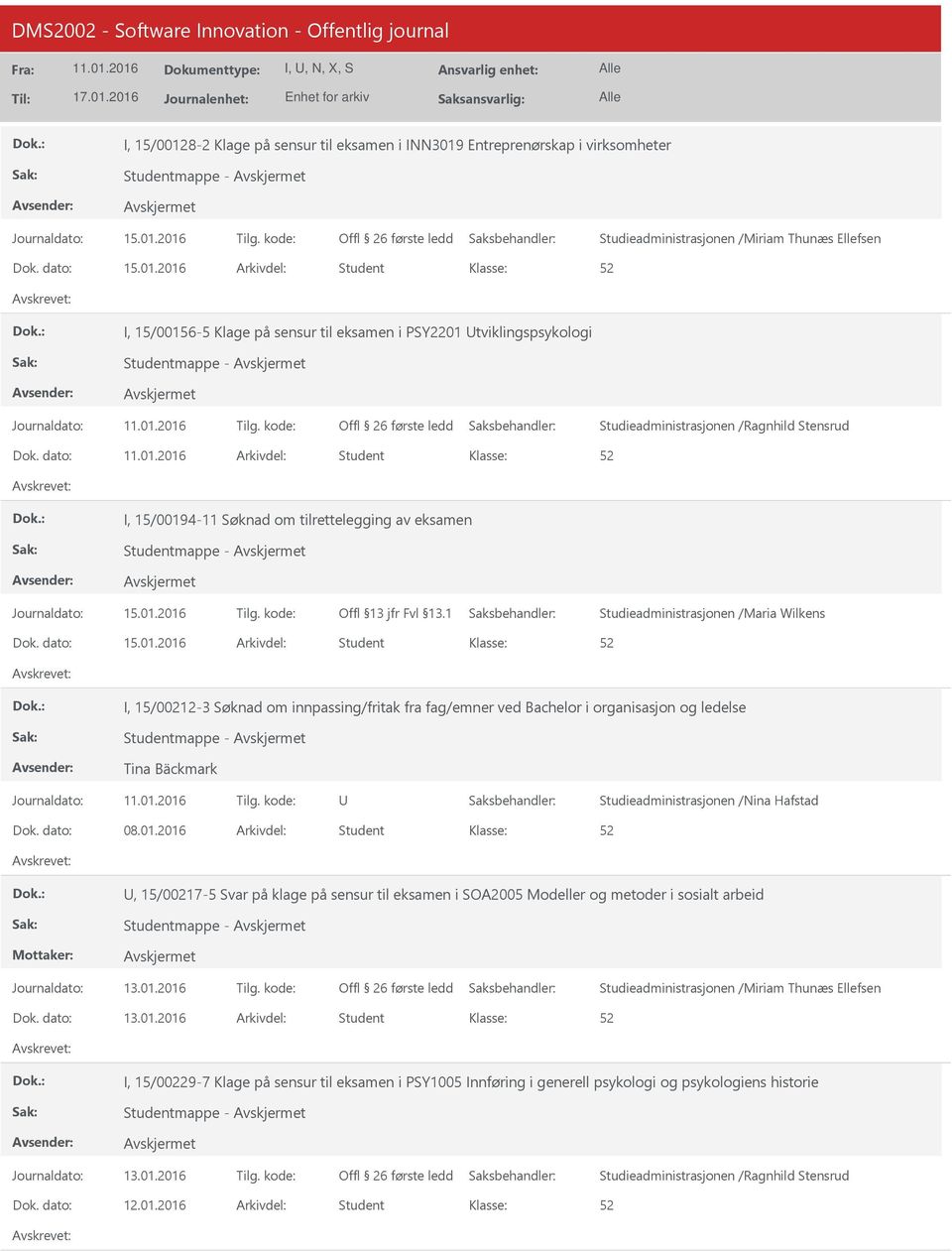 kode: Studieadministrasjonen /Nina Hafstad Dok. dato: 08.01.2016 Arkivdel: Student, 15/00217-5 Svar på klage på sensur til eksamen i SOA2005 Modeller og metoder i sosialt arbeid Dok. dato: 13.01.2016 Arkivdel: Student I, 15/00229-7 Klage på sensur til eksamen i PSY1005 Innføring i generell psykologi og psykologiens historie Dok.