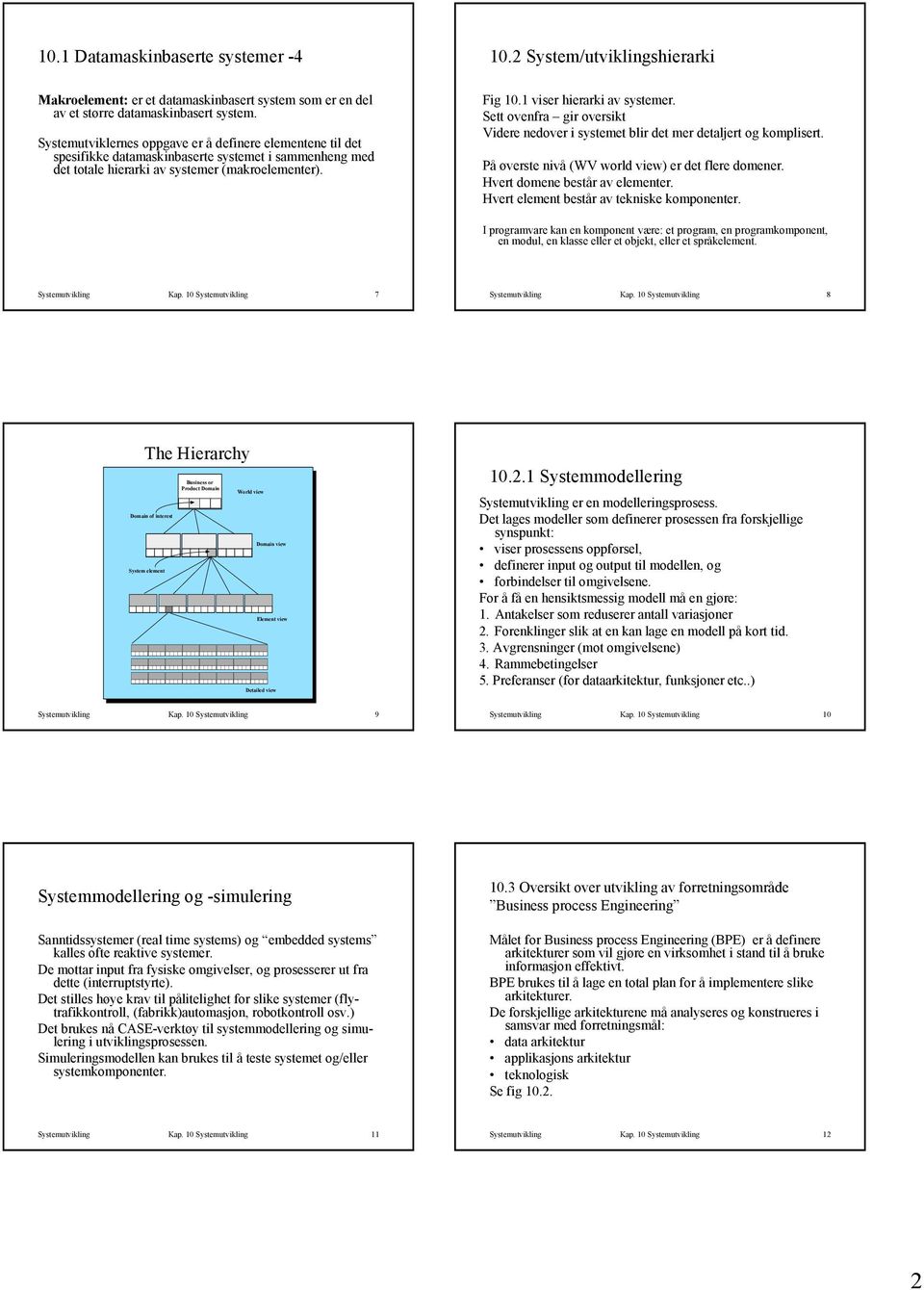 2 System/utviklingshierarki Fig 10.1 viser hierarki av systemer. Sett ovenfra gir oversikt Videre nedover i systemet blir det mer detaljert og komplisert.