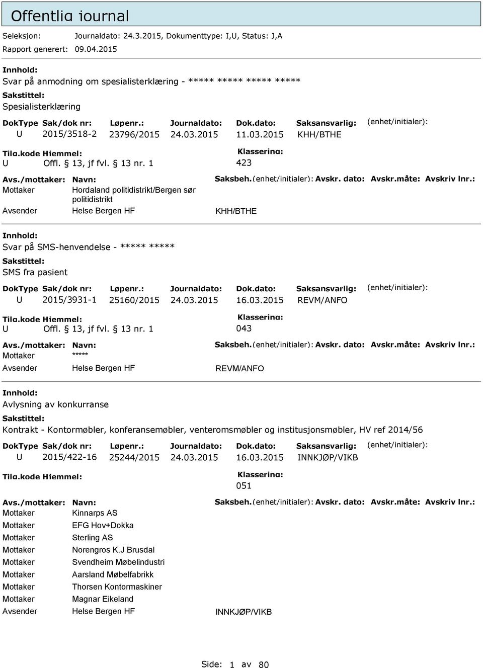 måte: Avskriv lnr.: Mottaker Hordaland politidistrikt/bergen sør politidistrikt KHH/BTHE Svar på SMS-henvendelse - ***** ***** SMS fra pasient 2015/3931-1 25160/2015 16.03.2015 REVM/ANFO 043 Avs.