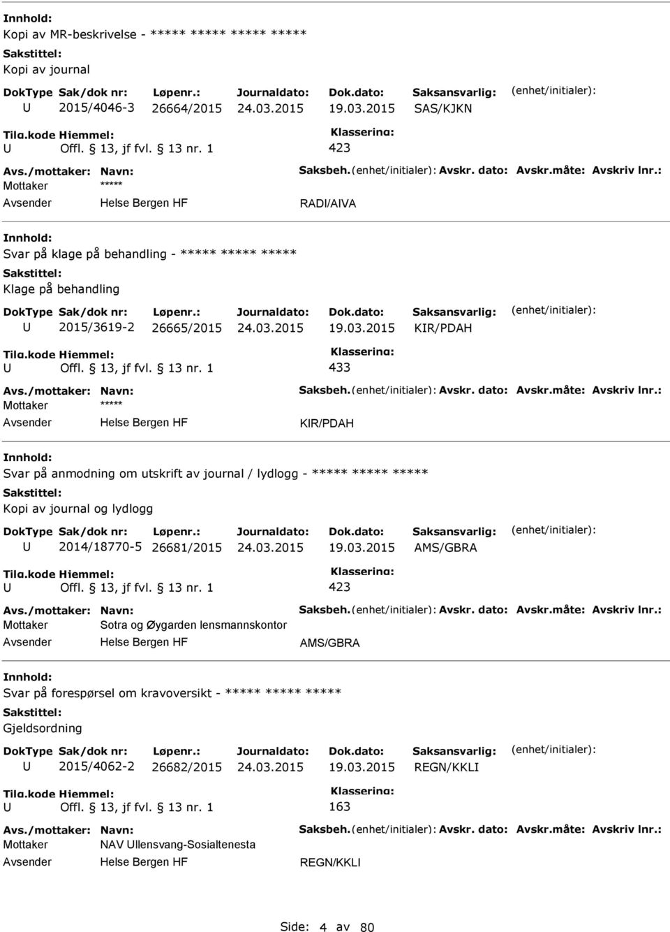 : KR/DAH Svar på anmodning om utskrift av journal / lydlogg - ***** ***** ***** Kopi av journal og lydlogg 2014/18770-5 26681/2015 19.03.2015 AMS/GBRA 423 Avs./mottaker: Navn: Saksbeh. Avskr.