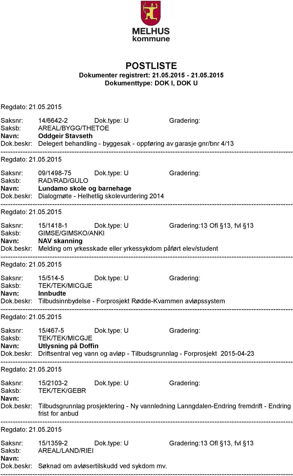 beskr: Melding om yrkesskade eller yrkessykdom påført elev/student Saksnr: 15/514-5 Dok.type: U Gradering: Saksb: TEK/TEK/MICGJE Innbudte Dok.