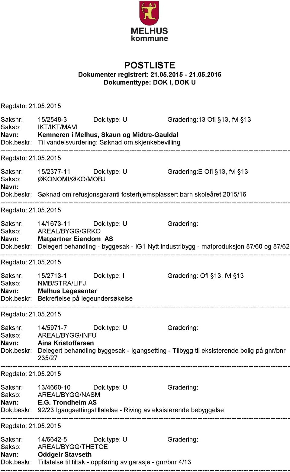 beskr: Søknad om refusjonsgaranti fosterhjemsplassert barn skoleåret 2015/16 Saksnr: 14/1673-11 Dok.type: U Gradering: Saksb: AREAL/BYGG/GRKO Matpartner Eiendom AS Dok.