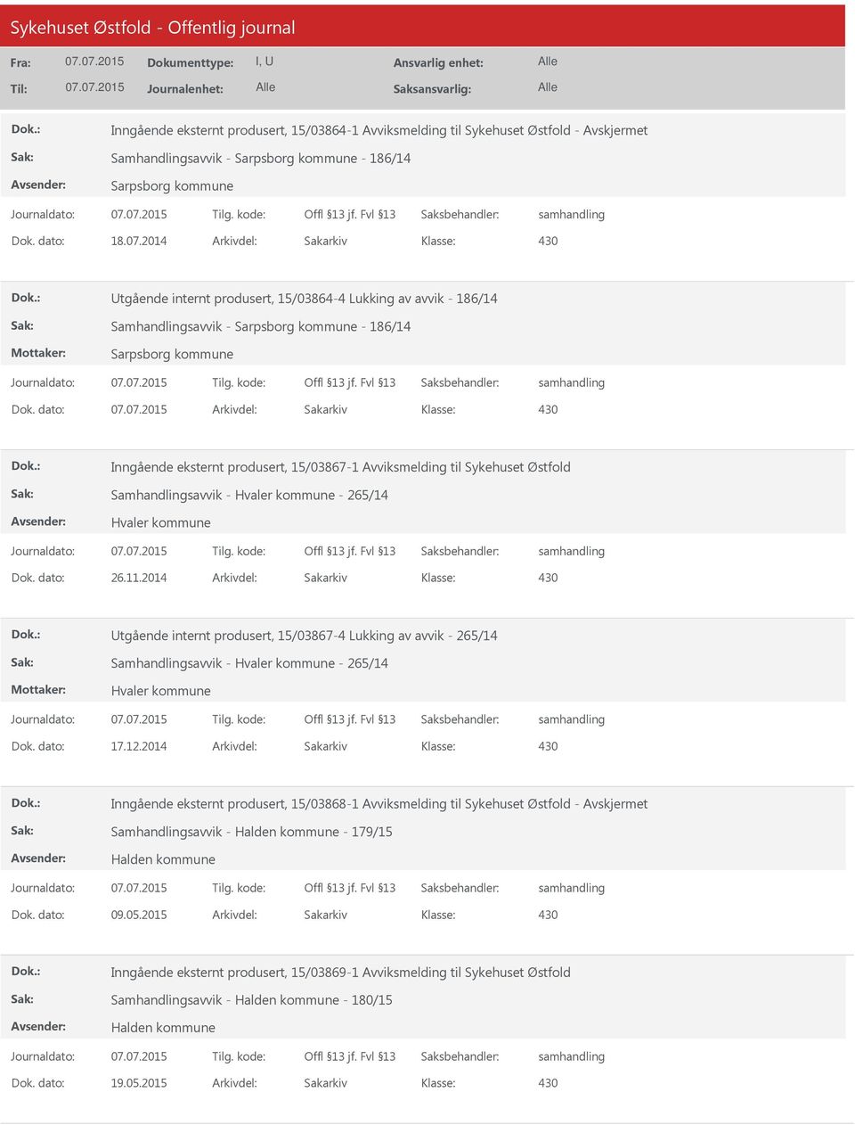 dato: Arkivdel: Sakarkiv Inngående eksternt produsert, 15/03867-1 Avviksmelding til Sykehuset Østfold Samhandlingsavvik - Hvaler kommune - 265/14 Hvaler kommune Dok. dato: 26.11.