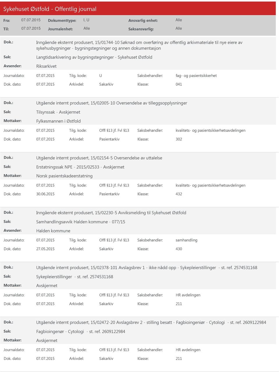 dato: Arkivdel: Sakarkiv 041 tgående internt produsert, 15/02005-10 Oversendelse av tilleggsopplysninger Tilsynssak - Fylkesmannen i Østfold kvalitets- og pasientsikkerhetsavdelingen Dok.