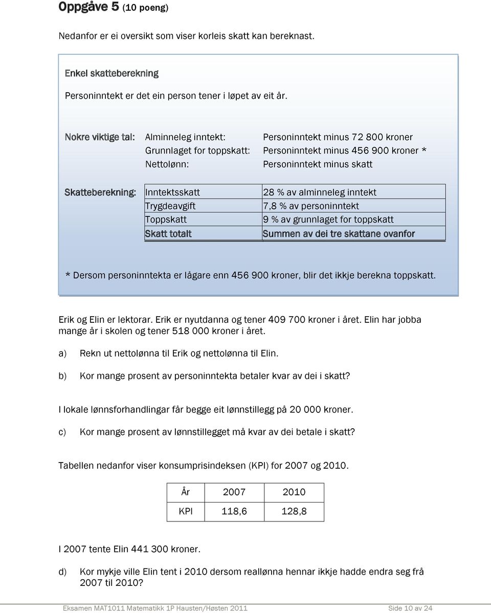 Inntektsskatt Trygdeavgift Toppskatt Skatt totalt 28 % av alminneleg inntekt 7,8 % av personinntekt 9 % av grunnlaget for toppskatt Summen av dei tre skattane ovanfor * Dersom personinntekta er