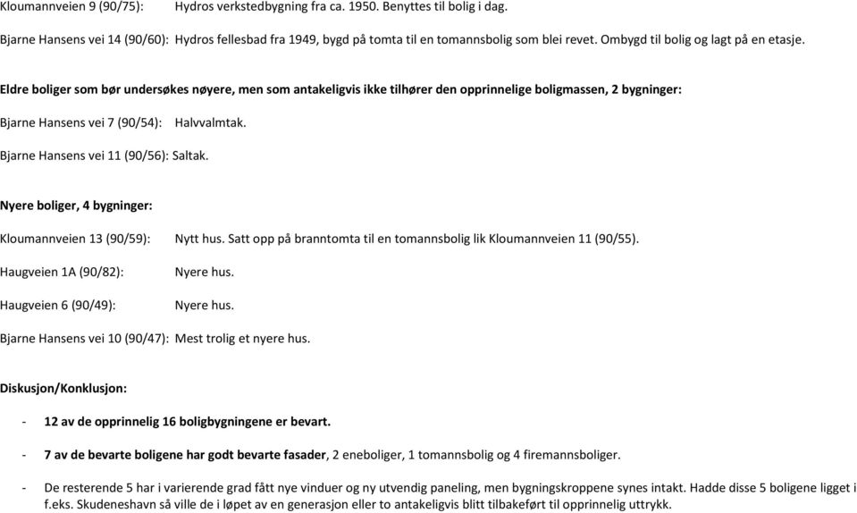 Bjarne Hansens vei 11 (90/56): Saltak. Nyere boliger, 4 bygninger: Kloumannveien 13 (90/59): Nytt hus. Satt opp på branntomta til en tomannsbolig lik Kloumannveien 11 (90/55).