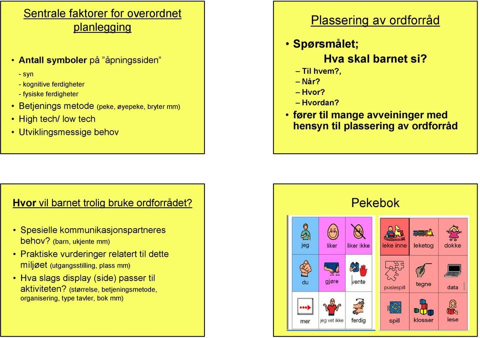 fører til mange avveininger med hensyn til plassering av ordforråd Hvor vil barnet trolig bruke ordforrådet? Pekebok Spesielle kommunikasjonspartneres behov?