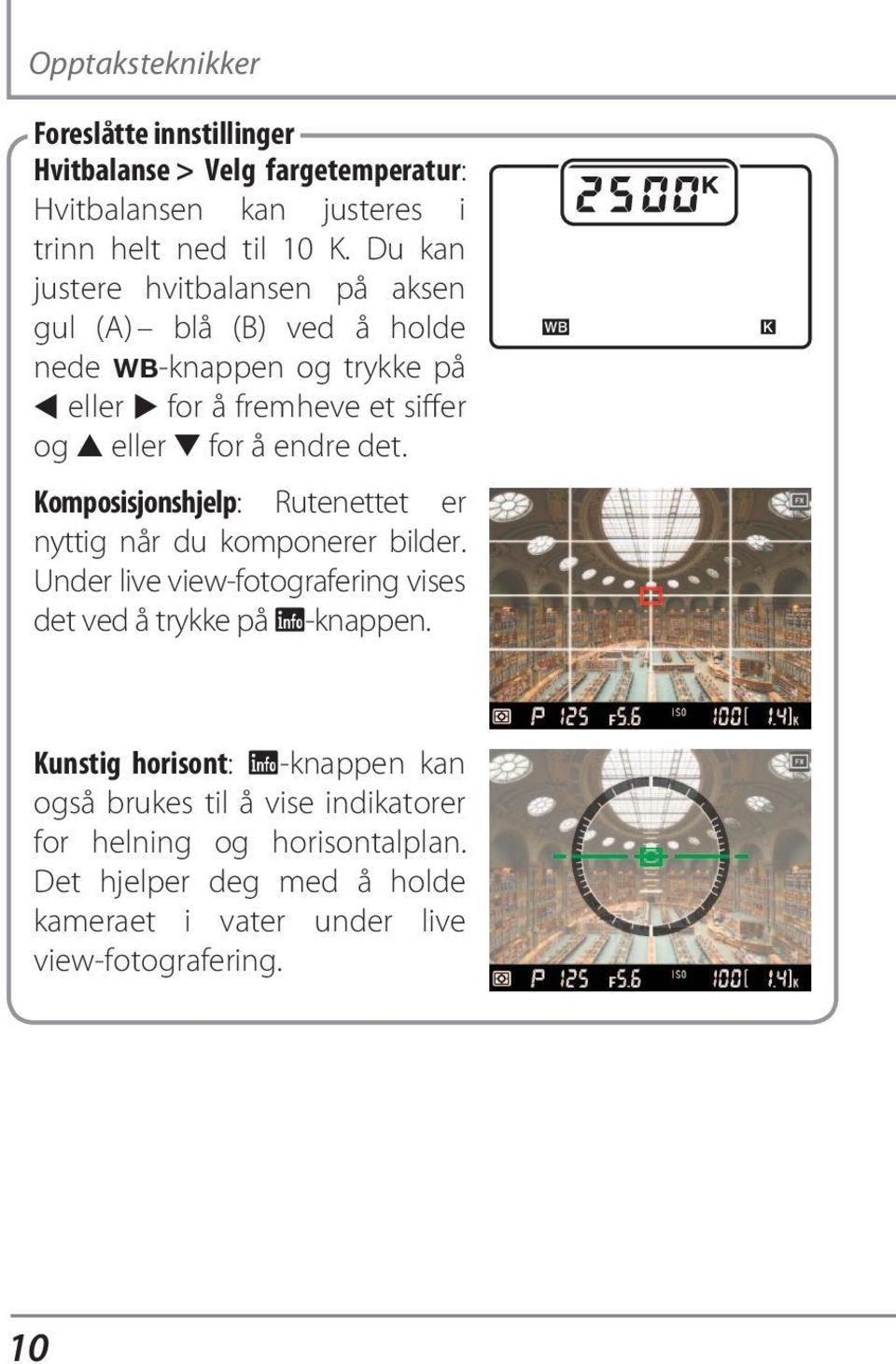 endre det. Komposisjonshjelp: Rutenettet er nyttig når du komponerer bilder. Under live view-fotografering vises det ved å trykke på R-knappen.