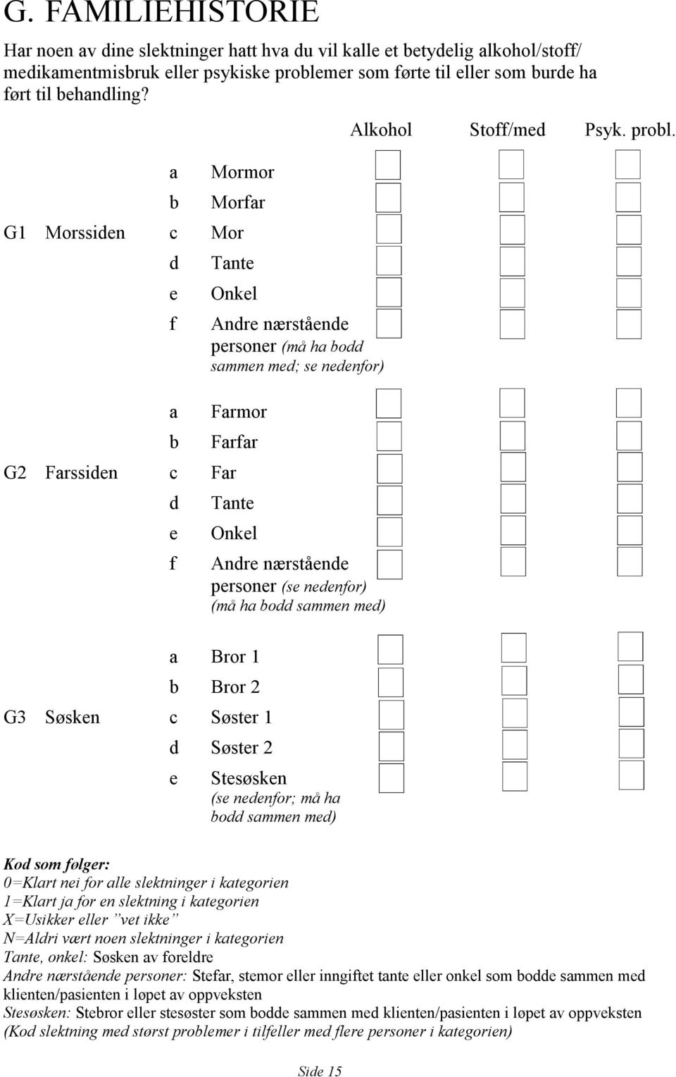 (se nedenfor) (må ha bodd sammen med) a Bror 1 b Bror 2 G3 Søsken c Søster 1 d Søster 2 e Stesøsken (se nedenfor; må ha bodd sammen med) Alkohol Stoff/med Psyk. probl.