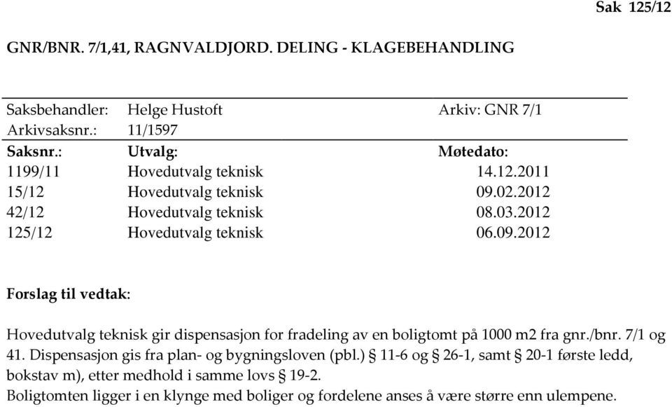 09.2012 Forslag til vedtak: Hovedutvalg teknisk gir dispensasjon for fradeling av en boligtomt på 1000 m2 fra gnr./bnr. 7/1 og 41.