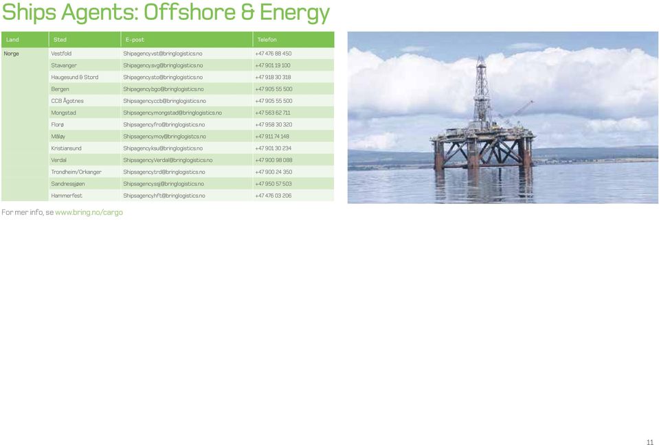 no +47 905 55 500 Mongstad Shipsagency.mongstad@bringlogistics.no +47 563 6 711 Florø Shipsagency.fro@bringlogistics.no +47 958 30 30 Måløy Shipsagency.moy@bringlogistcs.