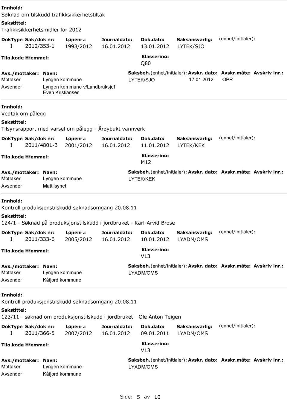 01.2012 M12 Avsender Mattilsynet nnhold: Kontroll produksjonstilskudd søknadsomgang 20.08.