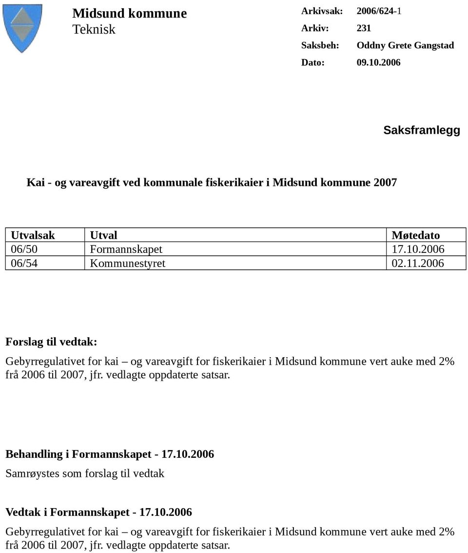 2006 Forslag til vedtak: Gebyrregulativet for kai og vareavgift for fiskerikaier i Midsund kommune vert auke med 2% frå 2006 til 2007, jfr. vedlagte oppdaterte satsar.