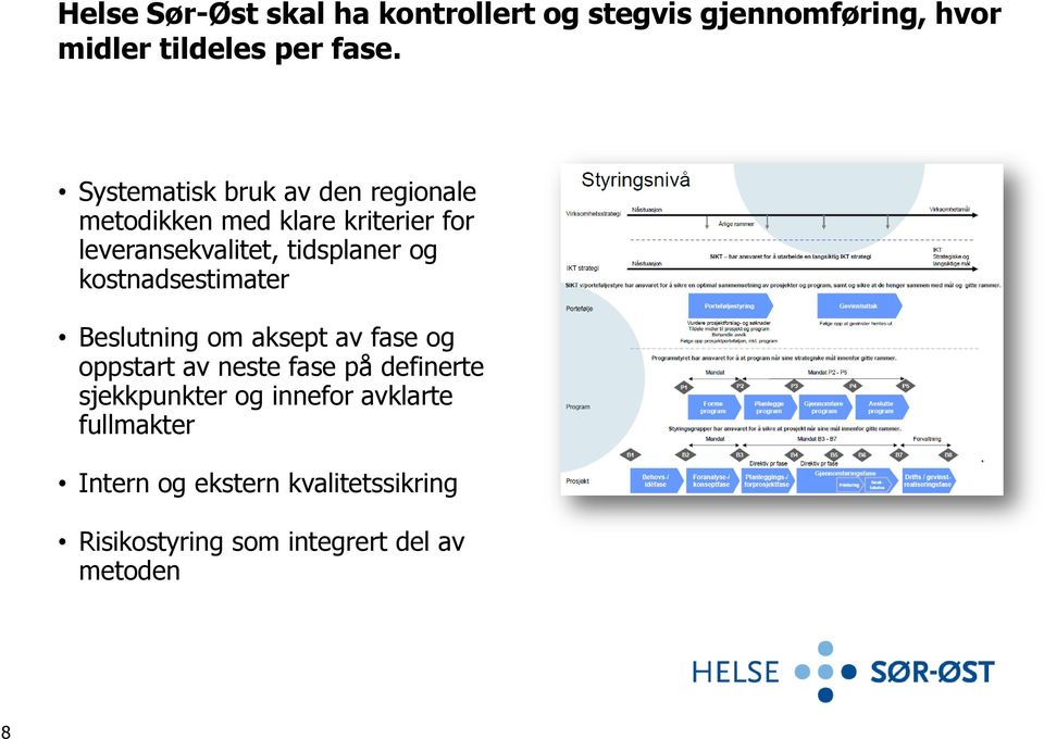 kostnadsestimat Beslutning om aksept av fase og oppstart av neste fase på definte sjekkpunkt