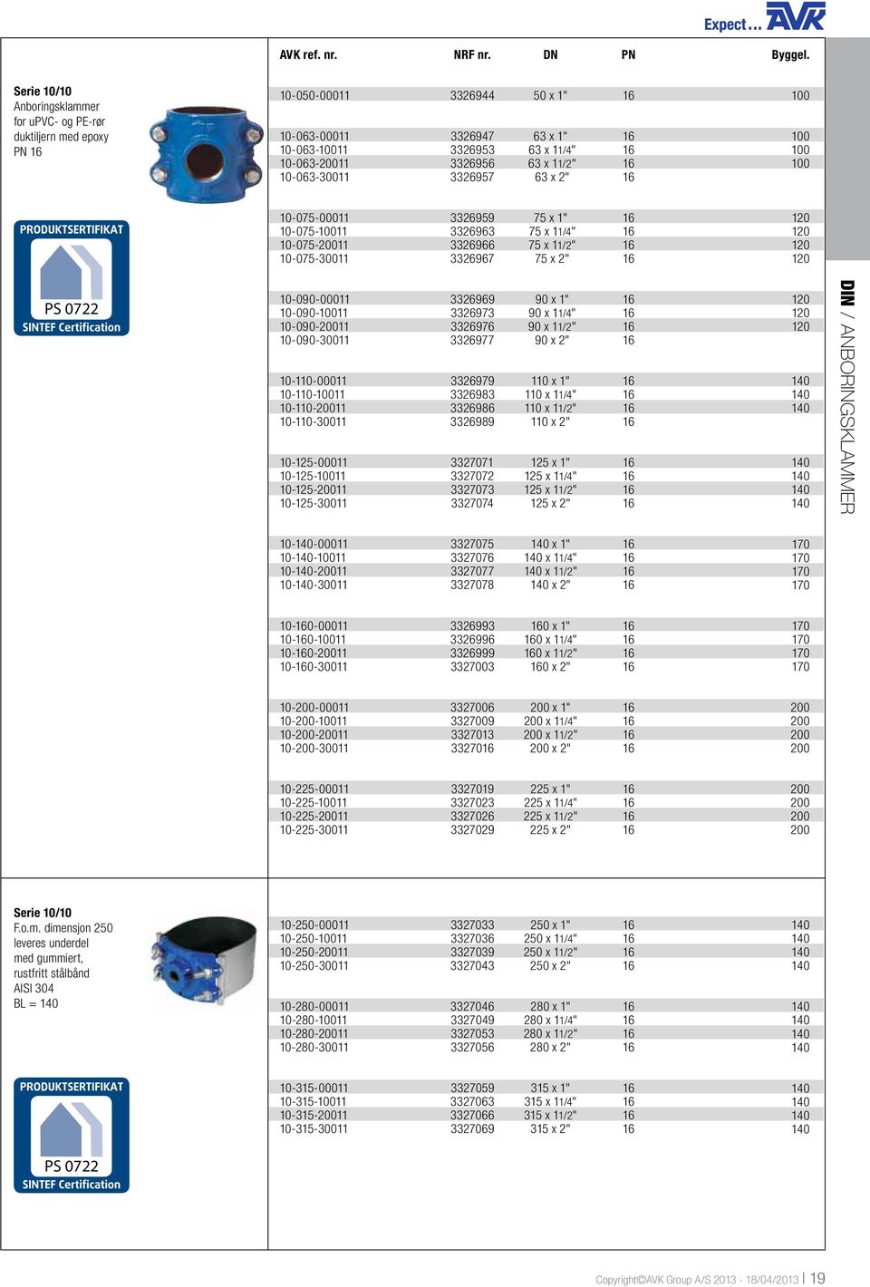 11/2" 16 10-063-30011 3326957 63 x 2" 16 100 100 100 100 10-075-00011 3326959 75 x 1" 16 10-075-10011 3326963 75 x 11/4" 16 10-075-20011 3326966 75 x 11/2" 16 10-075-30011 3326967 75 x 2" 16 120 120