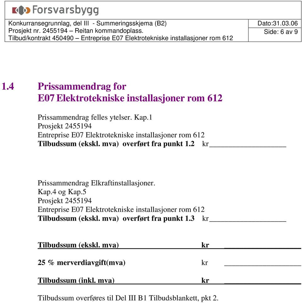 2 kr Prissammendrag Elkraftinstallasjoner. Kap.4 og Kap.