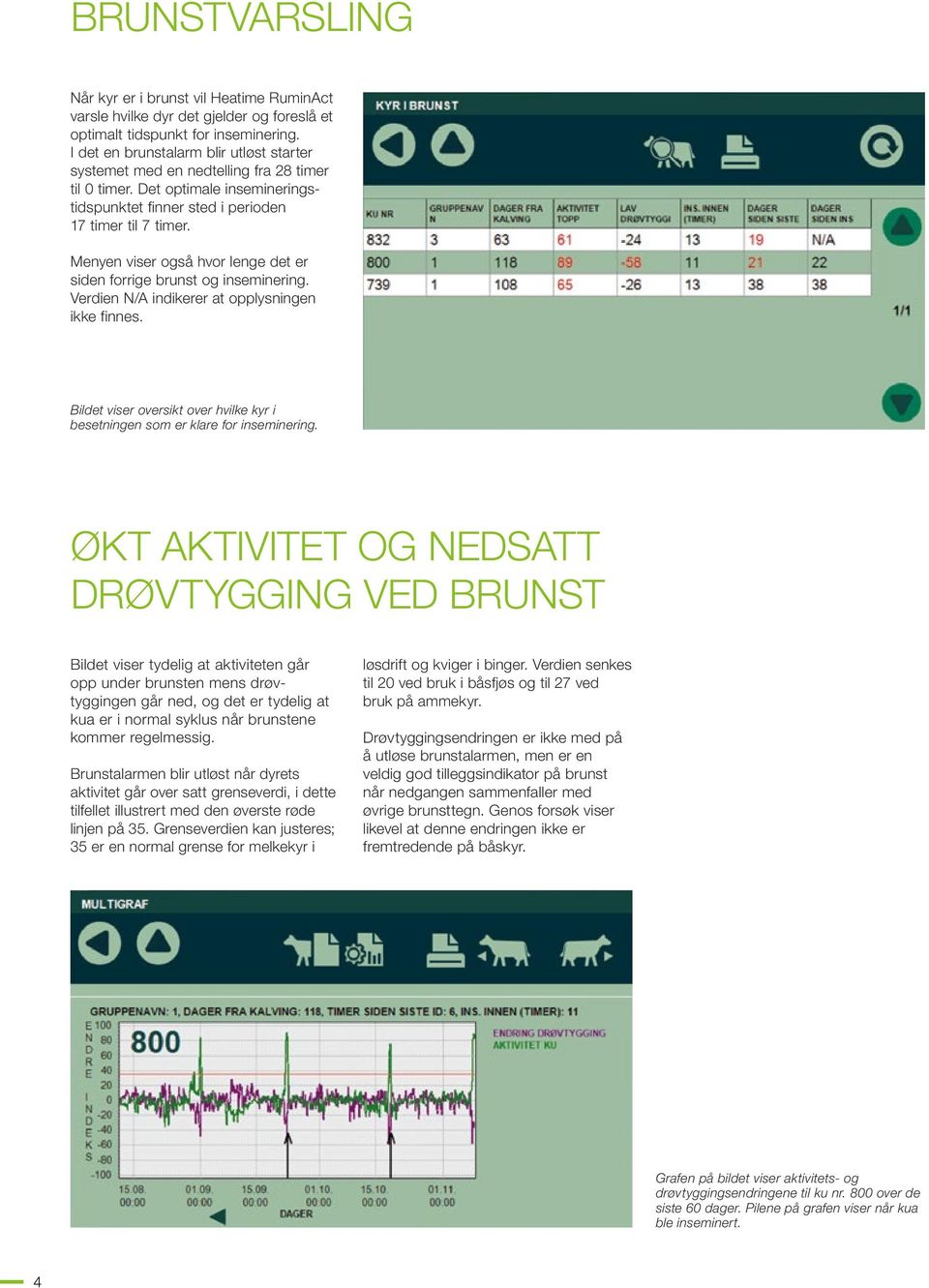 Menyen viser også hvor lenge det er siden forrige brunst og inseminering. Verdien N/A indikerer at opplysningen ikke finnes.