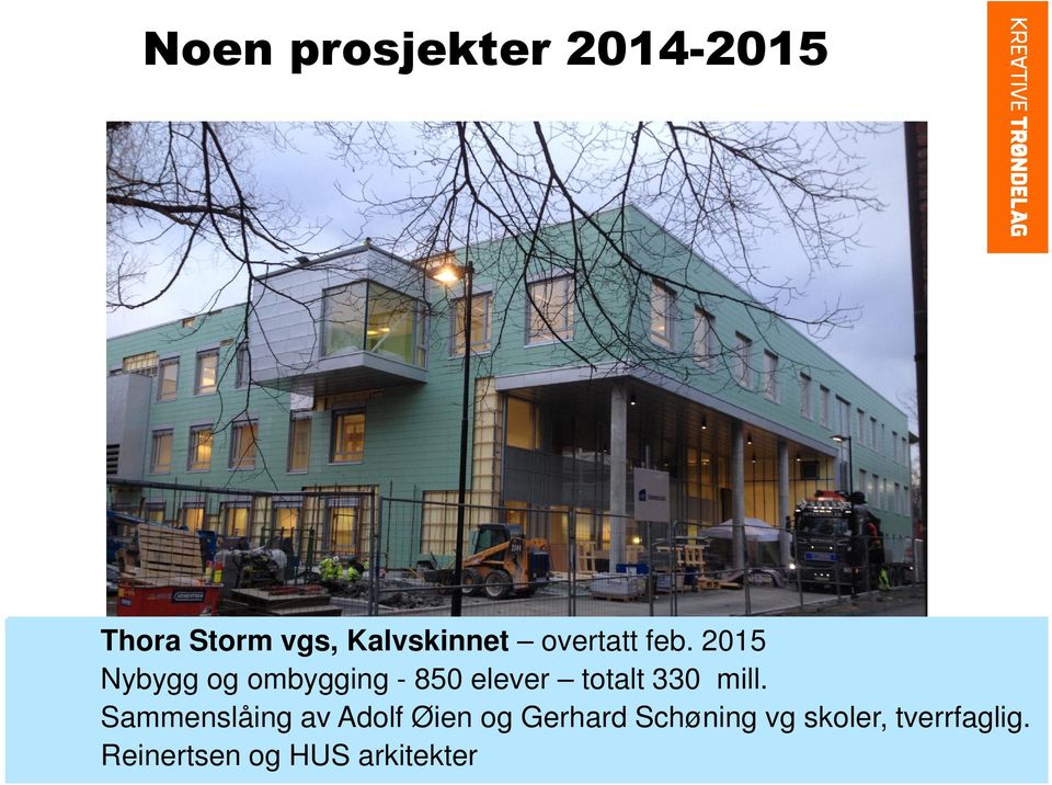 messig jan 2015 Nybygg og vgsombygging 190 elever-+850 kulturhus/kinosal elever totalt 330 totalt mill. 150 mill Rehab.