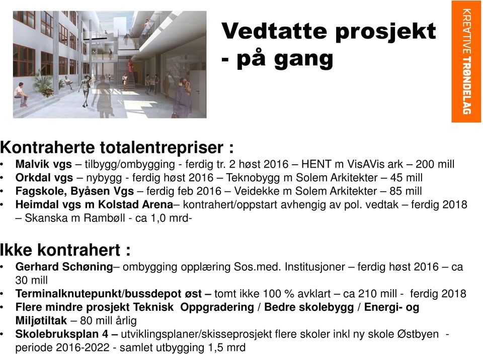 m Kolstad Arena kontrahert/oppstart avhengig av pol. vedtak ferdig 2018 Skanska m Rambøll - ca 1,0 mrd- Ikke kontrahert : Gerhard Schøning ombygging opplæring Sos.med.