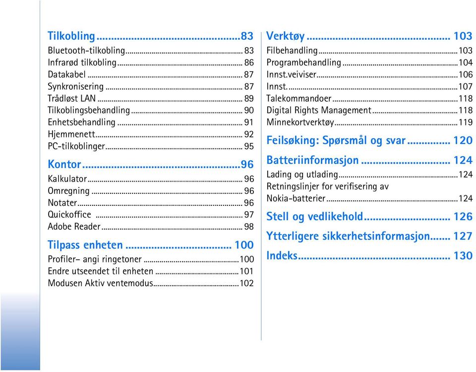 ..100 Endre utseendet til enheten...101 Modusen Aktiv ventemodus...102 Verktøy... 103 Filbehandling...103 Programbehandling...104 Innst.veiviser...106 Innst...107 Talekommandoer.