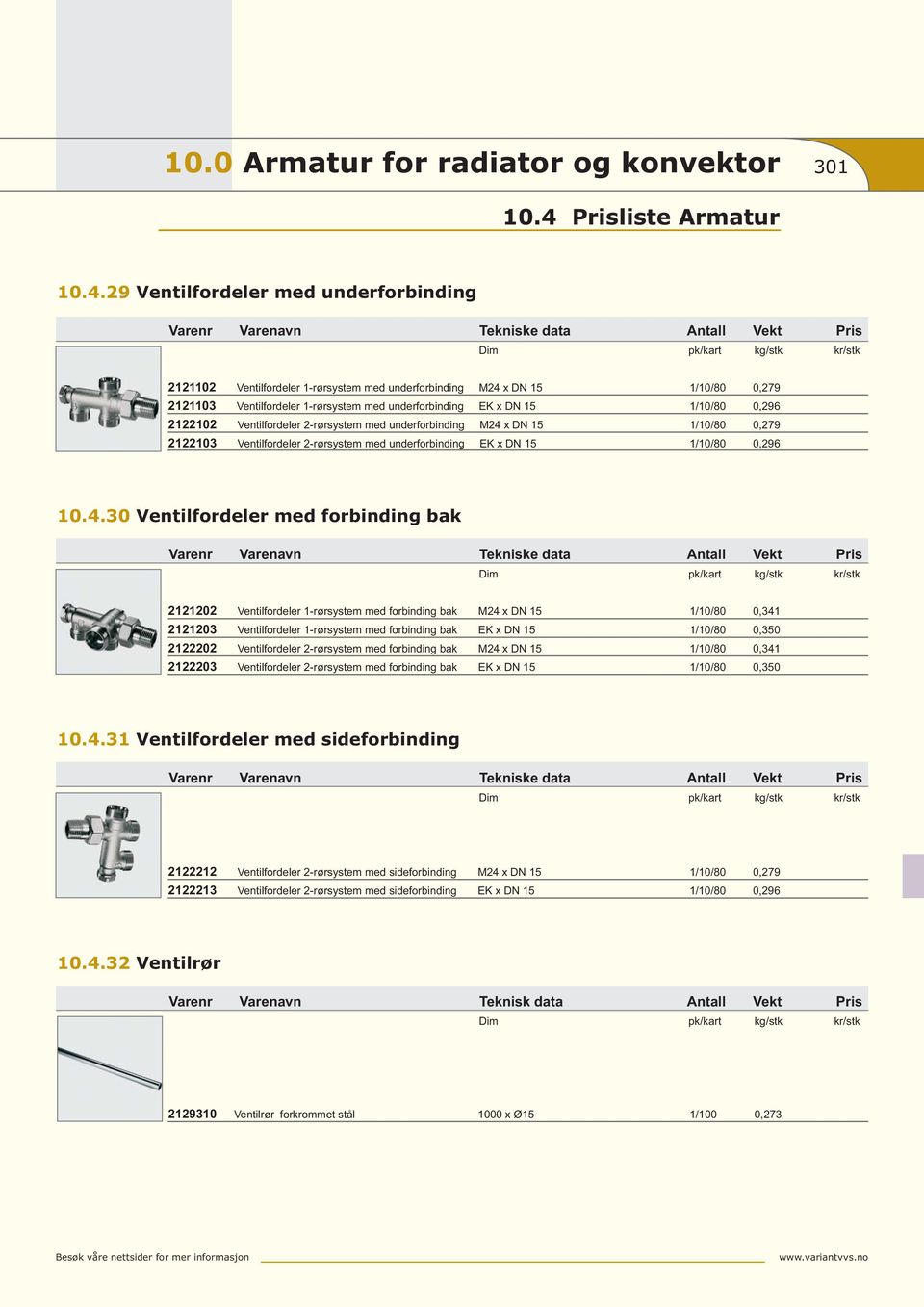 29 Ventilfordeler med underforbinding 2121102 Ventilfordeler 1-rørsystem med underforbinding M24 x DN 15 1/10/80 0,279 2121103 Ventilfordeler 1-rørsystem med underforbinding EK x DN 15 1/10/80 0,296