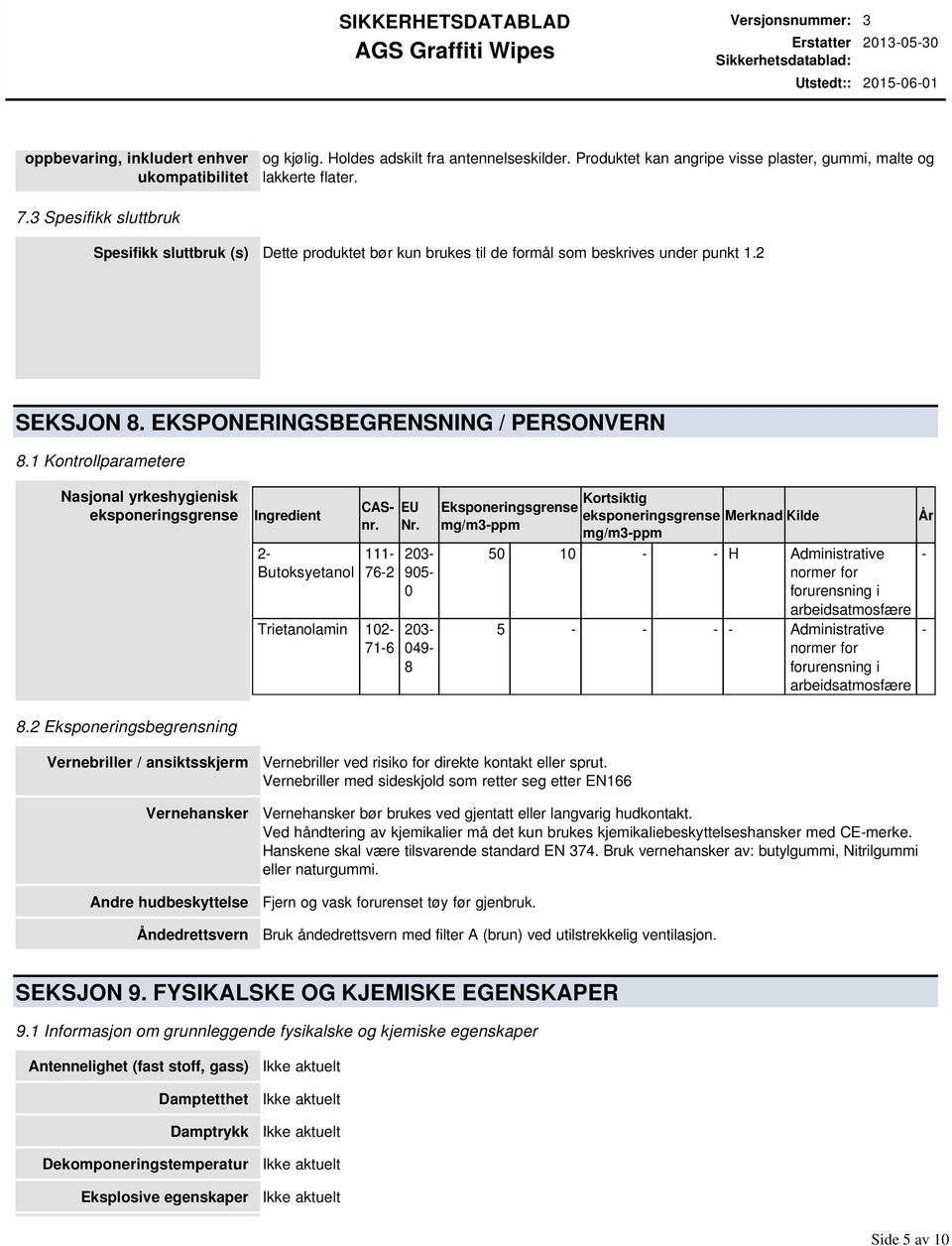 1 Kontrollparametere Nasjonal yrkeshygienisk eksponeringsgrense Ingredient 2- Butoksyetanol CASnr. 111-76-2 Trietanolamin 102-71-6 EU Nr.