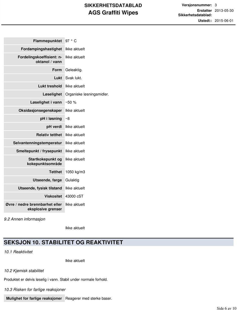 Utseende, farge Utseende, fysisk tilstand Viskositet Øvre / nedre brennbarhet eller eksplosive grenser 1050 kg/m3 Gulaktig 43000 cst 9.2 Annen informasjon SEKSJON 10.