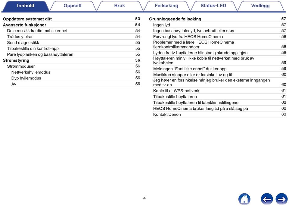 lyd avbrutt eller støy 57 Forvrengt lyd fra HEOS HomeCinema 58 Problemer med å lære HEOS HomeCinema fjernkontrollkommandoer 58 Lyden fra tv-høyttalerne blir stadig skrudd opp igjen 58 Høyttaleren min