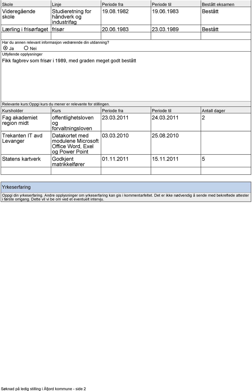 Utfyllende opplysninger Fikk fagbrev som frisør i 1989, med graden meget godt bestått Relevante kurs:oppgi kurs du mener er relevante for stillingen.