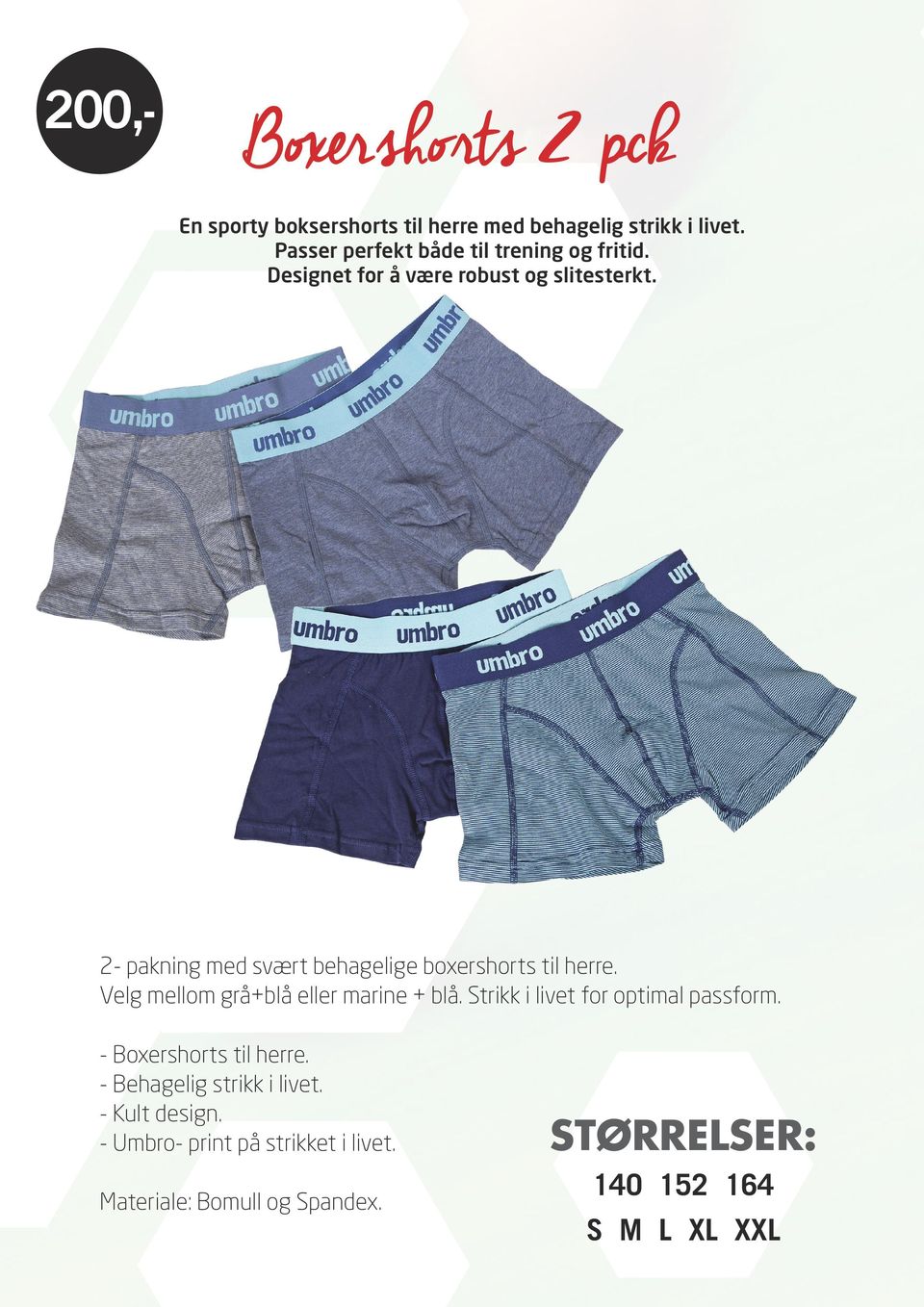 000 2- pakning med svært behagelige boxershorts til herre. Velg mellom grå+blå eller marine + blå.