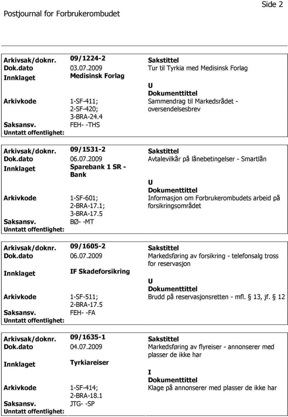 2009 Avtalevilkår på lånebetingelser - Smartlån nnklaget Sparebank 1 SR - Bank 1-SF-601; 2-BRA-17.1; 3-BRA-17.5 BØ- -MT nformasjon om Forbrukerombudets arbeid på forsikringsområdet Arkivsak/doknr.