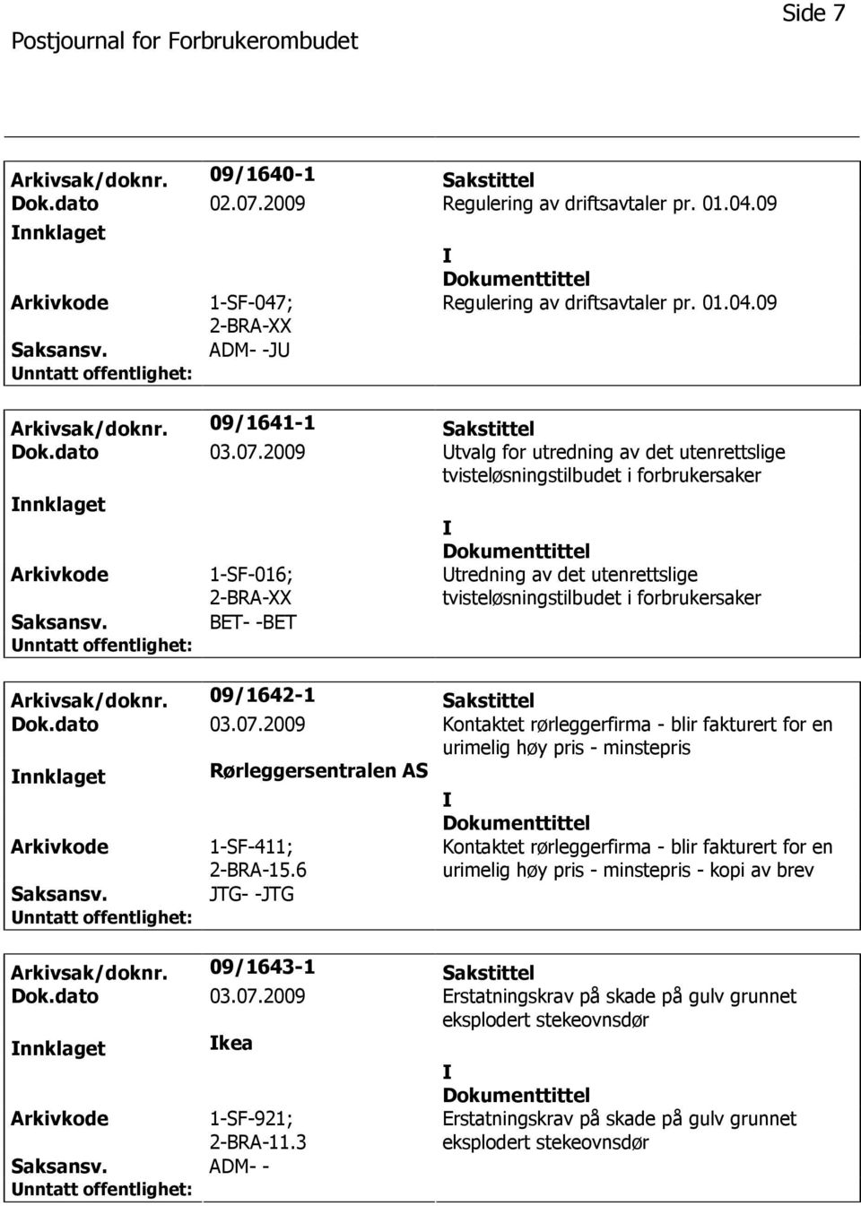 2009 tvalg for utredning av det utenrettslige tvisteløsningstilbudet i forbrukersaker nnklaget 1-SF-016; 2-BRA-XX BET- -BET tredning av det utenrettslige tvisteløsningstilbudet i forbrukersaker