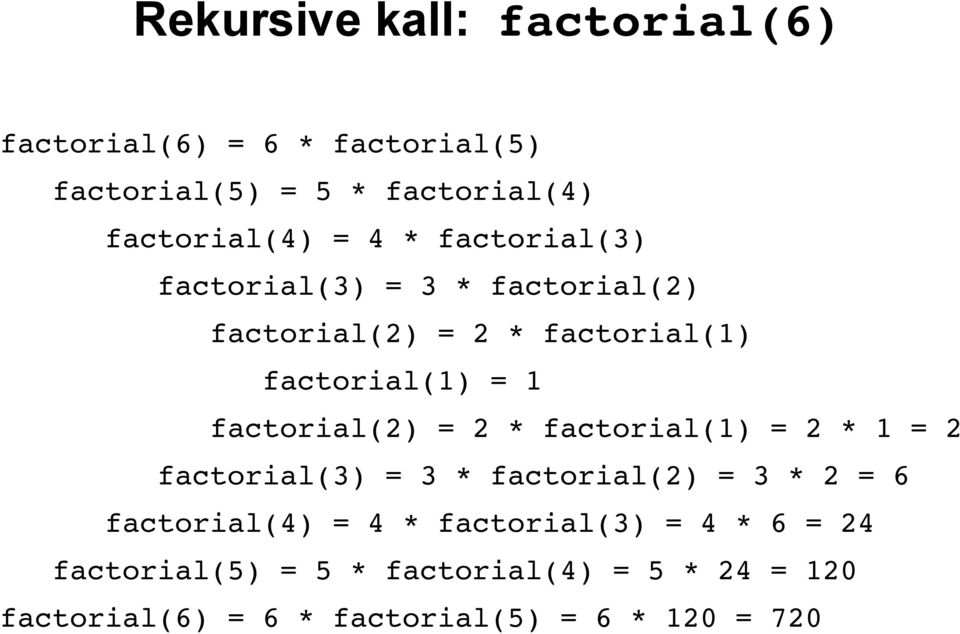 factorial(2) = 2 * factorial(1) = 2 * 1 = 2 factorial(3) = 3 * factorial(2) = 3 * 2 = 6 factorial(4) = 4 *