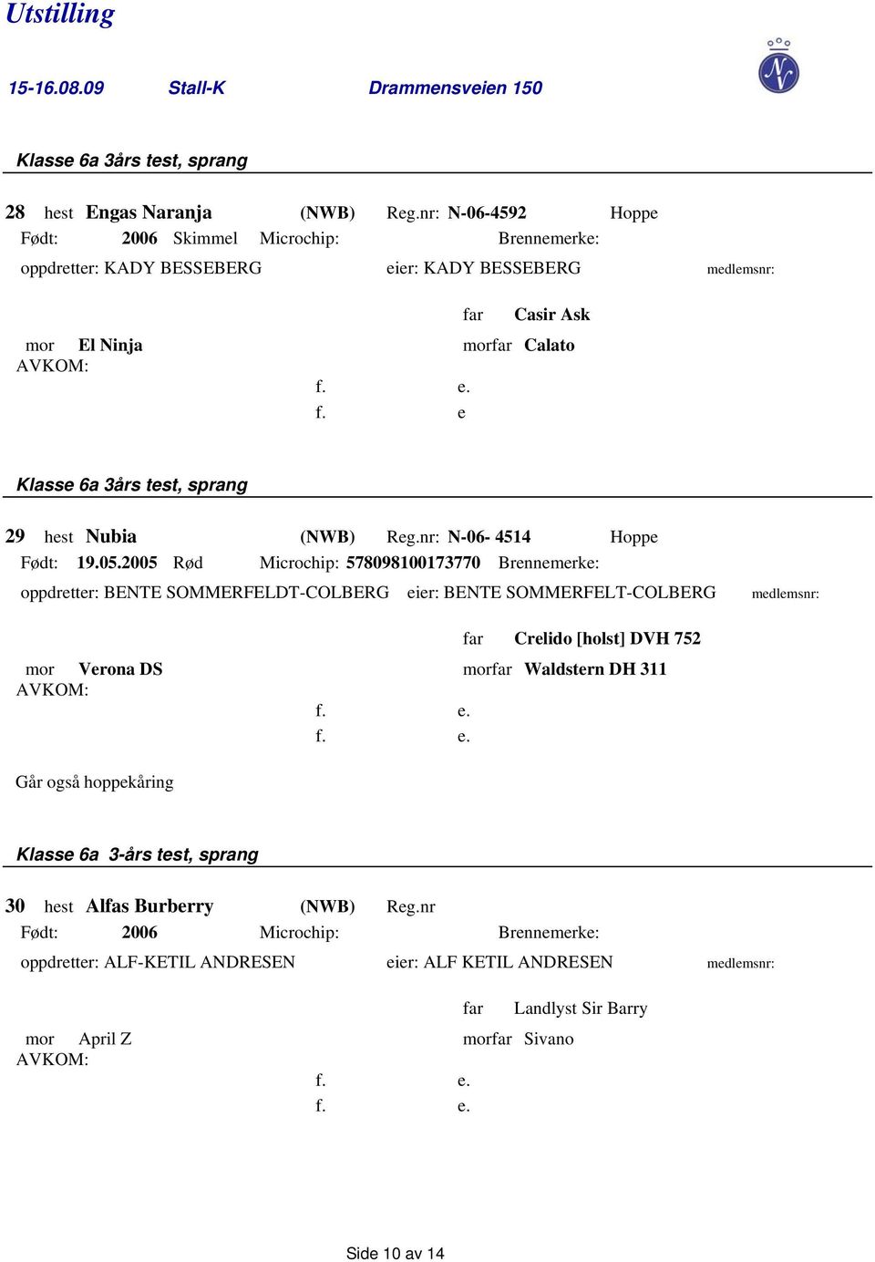 e Klasse 6a 3års test, sprang 29 hest Nubia (NWB) Reg.nr: N-06-4514 Hoppe Født: 19.05.