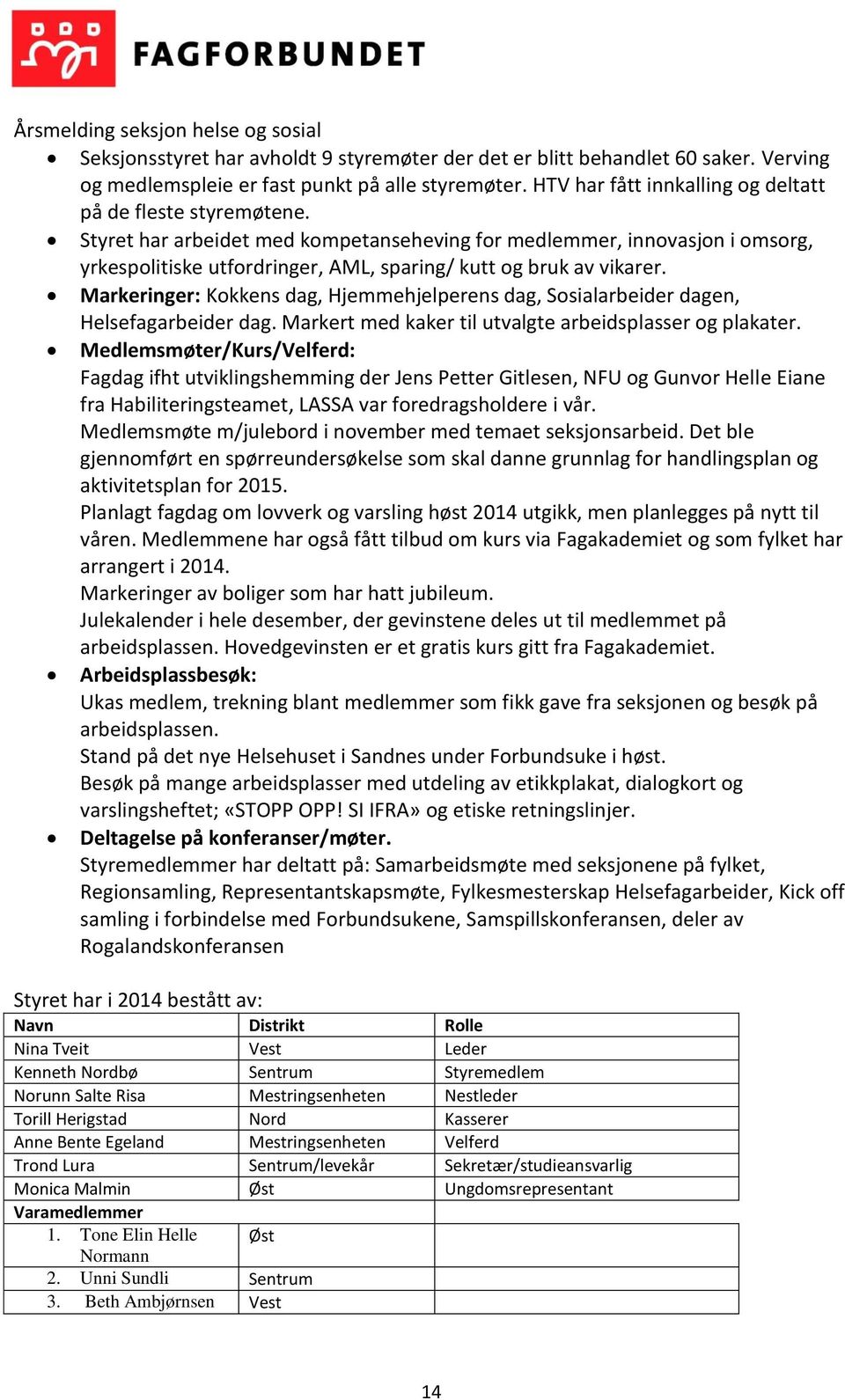 Styret har arbeidet med kompetanseheving for medlemmer, innovasjon i omsorg, yrkespolitiske utfordringer, AML, sparing/ kutt og bruk av vikarer.