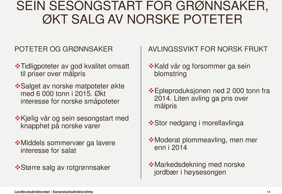 Økt interesse for norske småpoteter Kjølig vår og sein sesongstart med knapphet på norske varer Middels sommervær ga lavere interesse for salat Større salg av