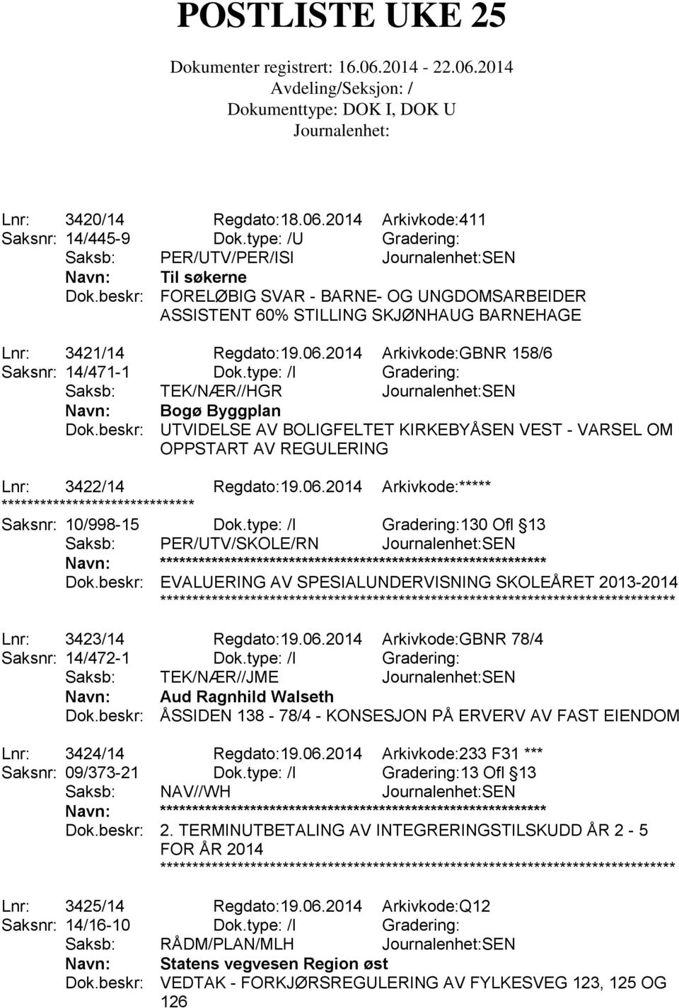 type: /I Gradering: Saksb: TEK/NÆR//HGR SEN Navn: Bogø Byggplan Dok.beskr: UTVIDELSE AV BOLIGFELTET KIRKEBYÅSEN VEST - VARSEL OM OPPSTART AV REGULERING Lnr: 3422/14 Regdato:19.06.