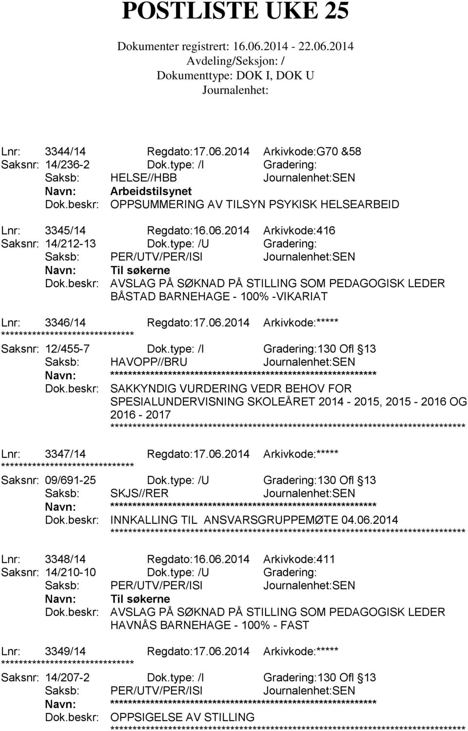 beskr: AVSLAG PÅ SØKNAD PÅ STILLING SOM PEDAGOGISK LEDER BÅSTAD BARNEHAGE - 100% -VIKARIAT Lnr: 3346/14 Regdato:17.06.2014 Arkivkode:***** ****************************** Saksnr: 12/455-7 Dok.